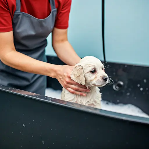 Professional pet groomer washing a puppy